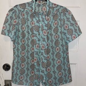 SOLD! Vintage Judy Bond Size 12 Mint Green Floral Button Up Bow Blouse